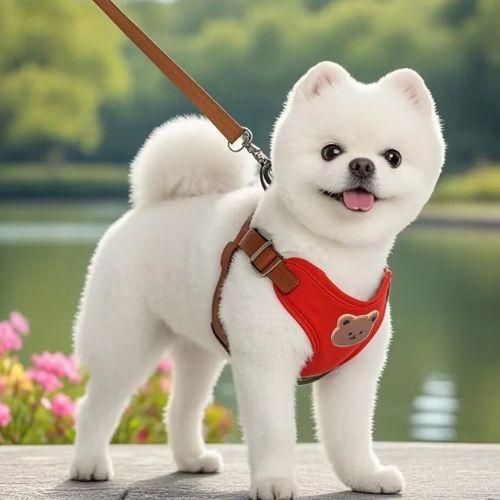 harnais chien y rouge bichon blanc arbres lac