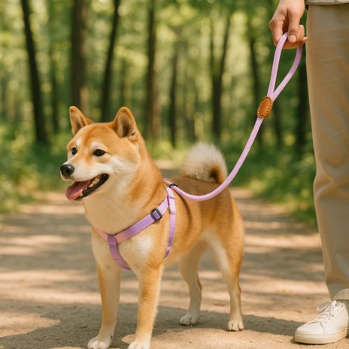 harnais en y chien violet rose shibainu avec maitre promenade