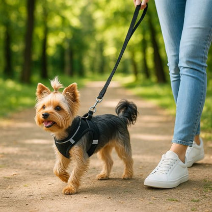 harnais petit chien noir yorkshire maitre promenade