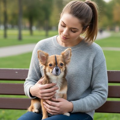 Muselière pour chien​ canin et maitre assis banc parc