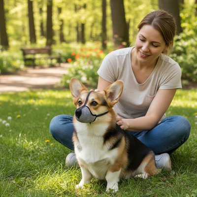 Muselière pour chien​ petit canin assis sur pelouse