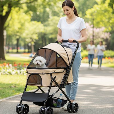 Poussette pour chien beige promenade femme et son canin