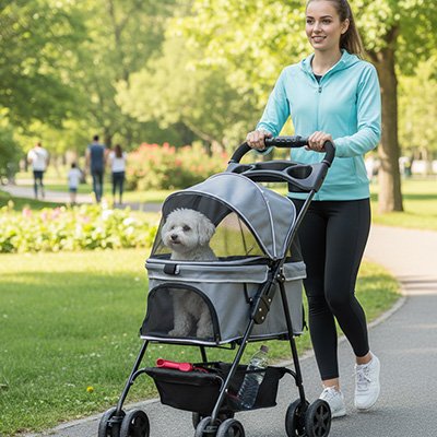 Poussette pour chien grise promenade parc
