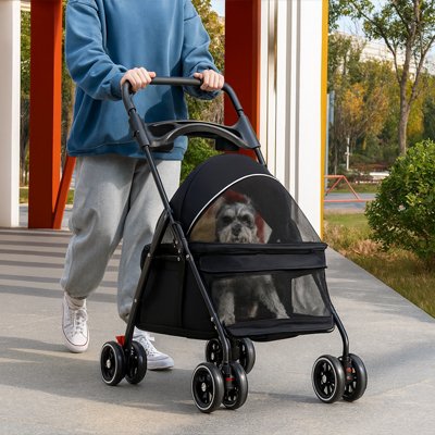Poussette pour chien noir avec grandes fenêtres
